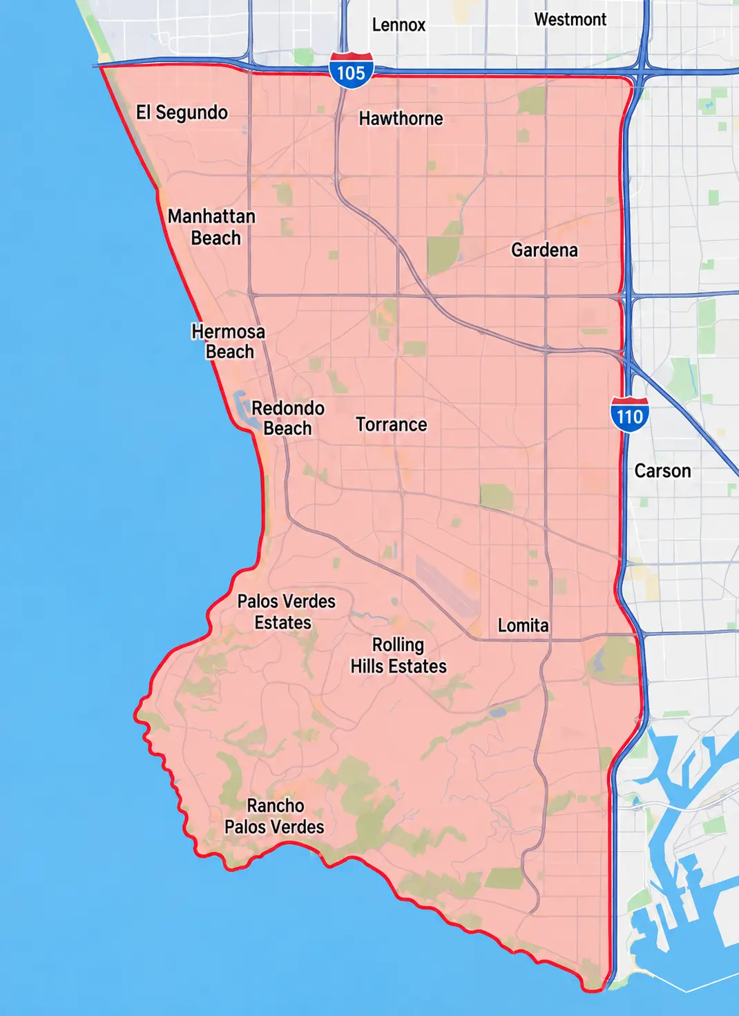 Map of the Stallion Towing service zone: south of the 105 Freeway, west of the 110 Freeway, from El Segundo and Hawthorne down through Torrance, Palos Verdes and San Pedro